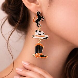 Western Enamel Horse Cowboy Hat Boot Dangle Earrings